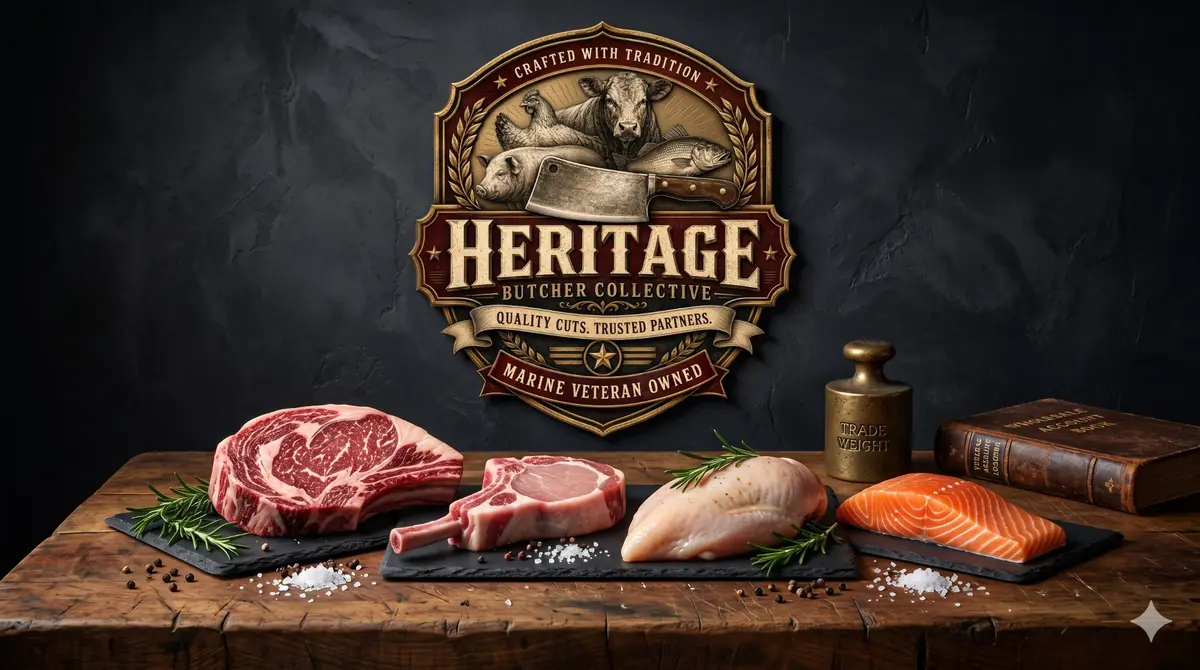 Heritage Butcher Collective crest with premium cuts